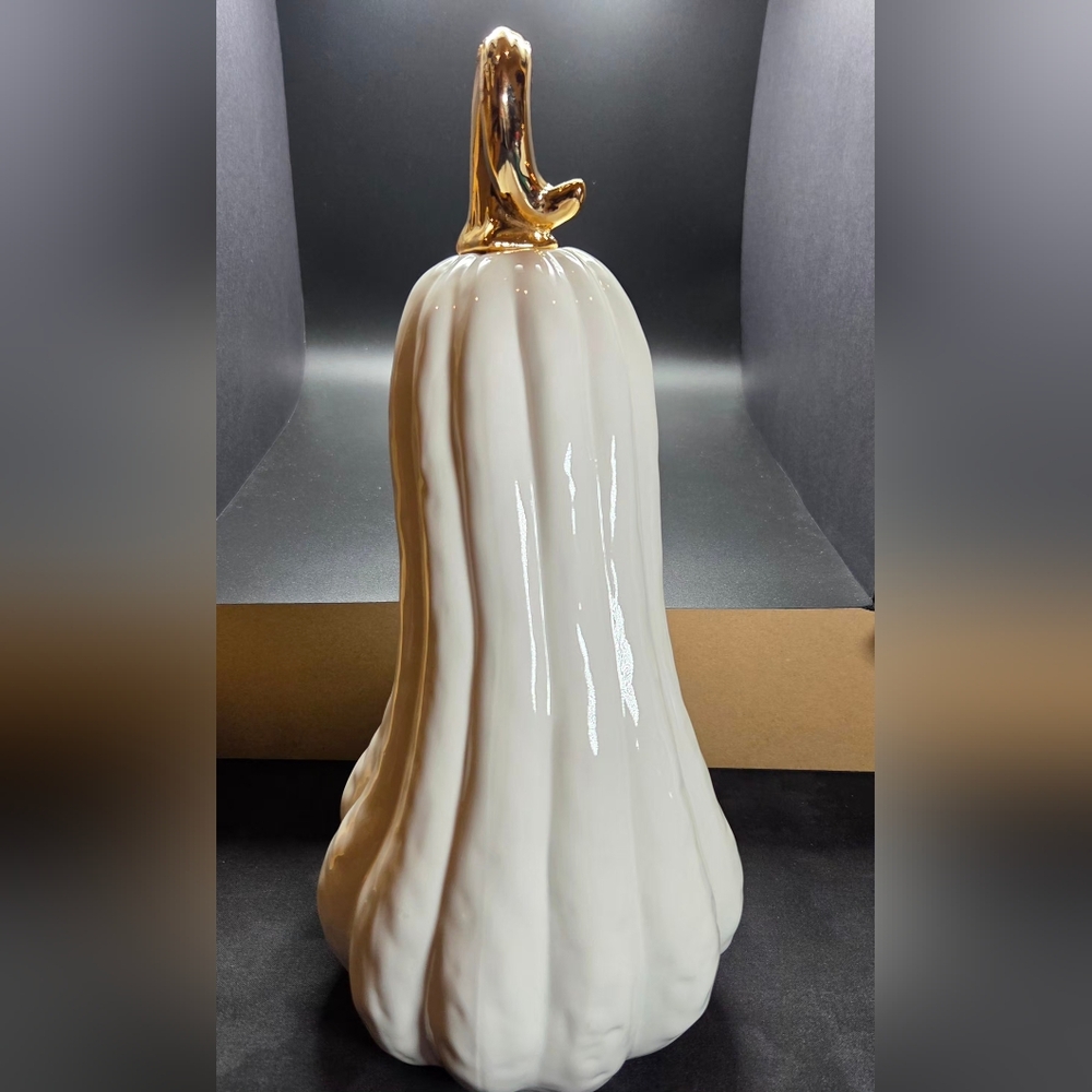 "Two's Company" Gourdges Set Of Two White Ceramic Gourds With Gold Stems - Picture 4 of 8